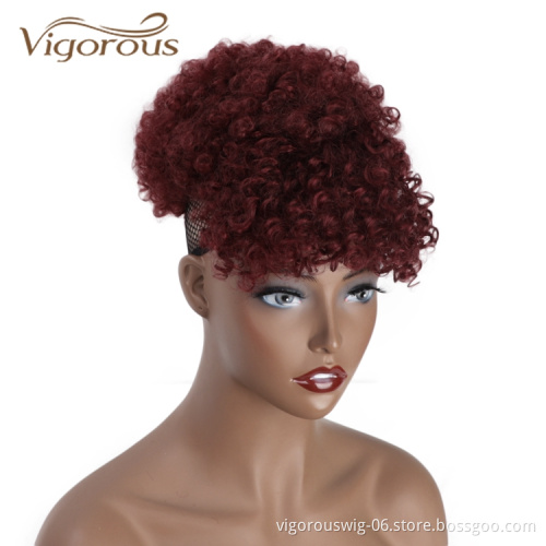 Vigorous Wholesale Cheap Kinky Curly Bang Ponytail Upo Hair Extensions Burgundy Chignon For Black Women Synthetic Afro Hair Bun